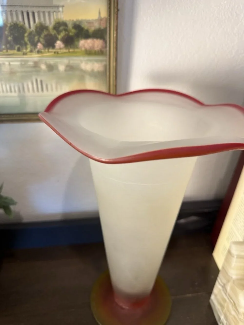 Vintage Mid-Century Art Glass Handkerchief Vase – Frosted White Red Amber – 11”